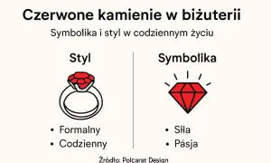 Pierścionek z czerwonym klejnotem symbolizuje siłę i pasję. Obok grafika przedstawia ten sam czerwony klejnot.