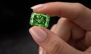 Palce delikatnie trzymają olśniewający zielony diament o szlifie prostokątnym.