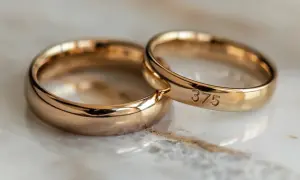 Dwa złote obrączki, jedna z wygrawerowaną próbą 375.