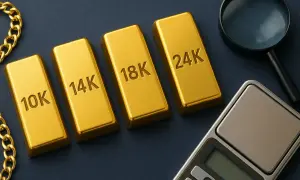 Sztabki złota o próbach 10K, 14K, 18K i 24K, obok wagi i szkła powiększającego.