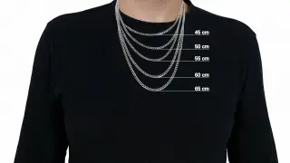 Męska srebrna pancerka na czarnym tle, z oznaczeniami długości: 45, 50, 55, 60, 65 cm.