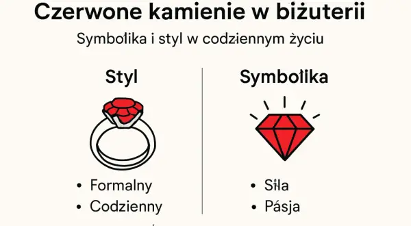 Pierścionek z czerwonym klejnotem symbolizuje siłę i pasję. Obok grafika przedstawia ten sam czerwony klejnot.