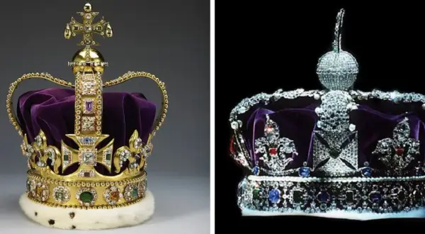 Dwie korony królewskie, jedna złota z purpurowym aksamitem i krzyżem, druga bogato zdobiona diamentami. Obie symbolizują władzę, jak korona królowej Anglii.
