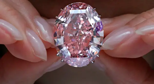 Dłonie trzymają olśniewający, owalny, różowy diament, prawdopodobnie najdroższy diament na świecie, błyszczący w świetle.