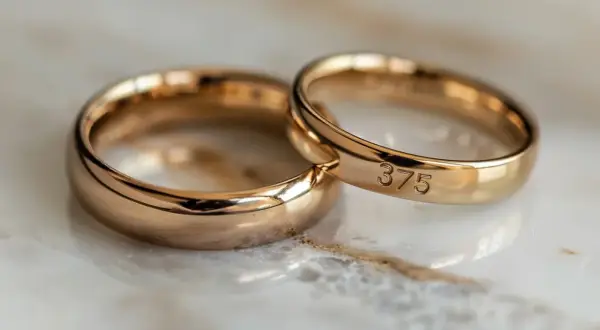 Dwa złote obrączki, jedna z wygrawerowaną próbą 375.