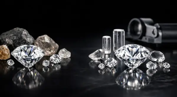 Błyszczące diamenty laboratoryjne obok surowych kamieni i narzędzi.