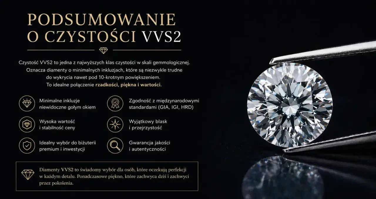 Błyszczący diament VVS2, symbol doskonałości i rzadkości. Jego właściwości to minimalne inkluzje, wysoka wartość i wyjątkowy blask.