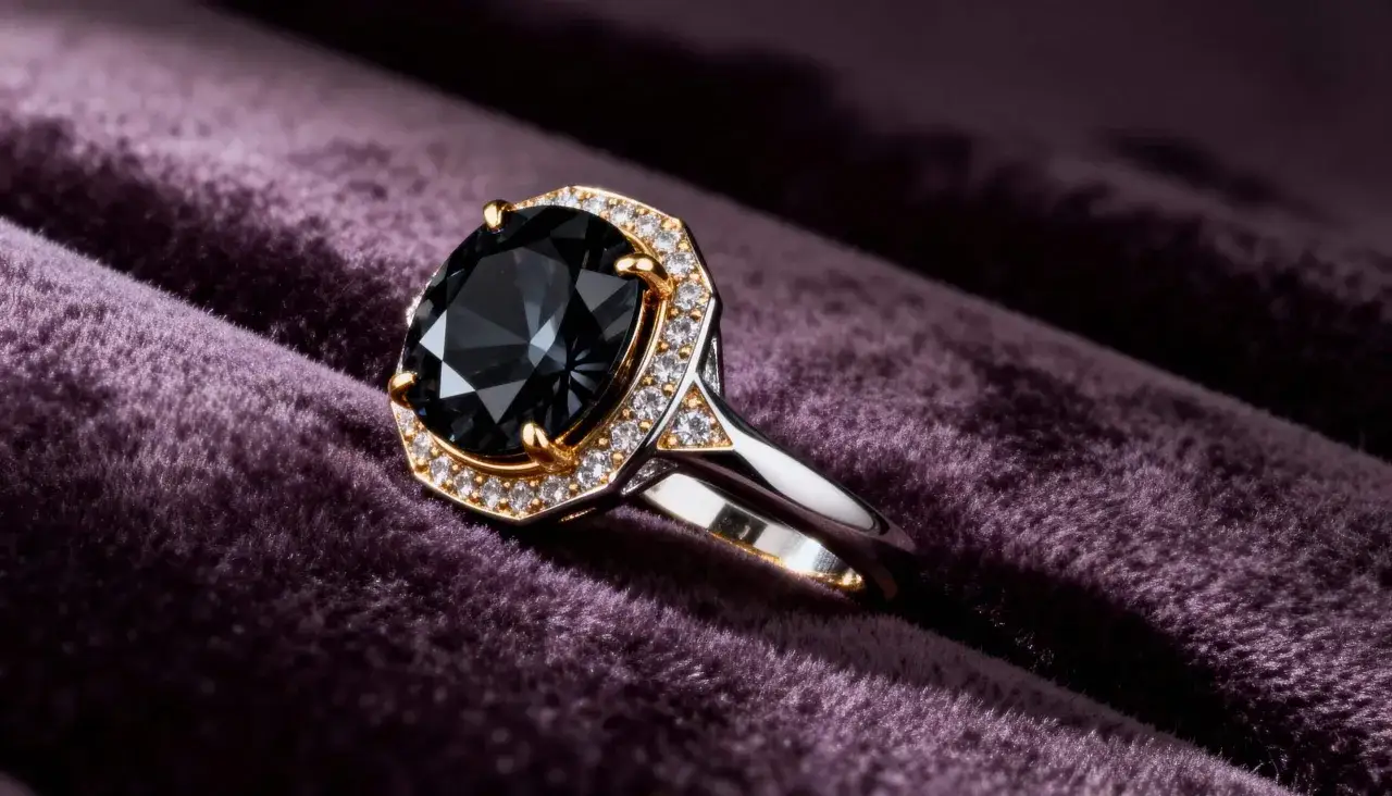Elegancki pierścionek z dużym, fasetowanym diamentem czarnym otoczonym mniejszymi białymi kamieniami, spoczywa na fioletowym aksamicie.