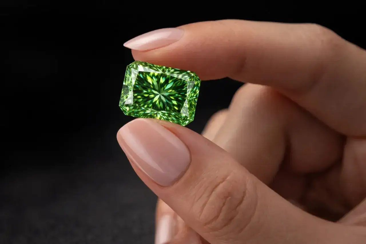 Palce delikatnie trzymają olśniewający zielony diament o szmaragdowym szlifie, emanujący blaskiem.