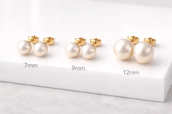 Eleganckie kolczyki perełki złote w trzech rozmiarach: 7mm, 9mm i 12mm. Klasyka, która nigdy nie wychodzi z mody.